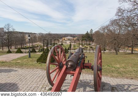 Sweden, Uppsala - April 19 2019: The View From A Hill On A Cannon Of The Uppsala Castle Bastion And 