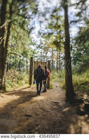 Rear View Of Woman And Senior Man Reading Tourist Paths Maps In Black Forest Near Schauenburg Castle
