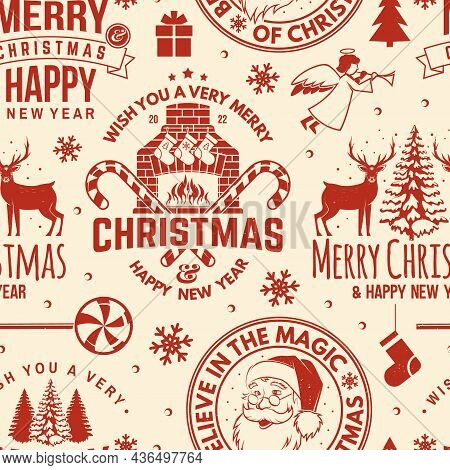 Merry Christmas And Happy New Year Seamless Pattern With Snowflakes, Hanging Christmas Ball, Santa C