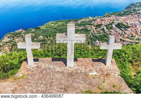 The Iconic Three Crosses On The Top Of Mount Sant'elia Overlooking The Town Of Palmi On The Tyrrheni