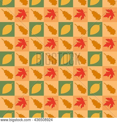 Autumn Pattern. Checkered. Seamless Background With Fall Leaves. 
Colorful Cartoon Illustration In F