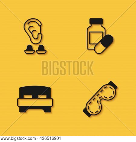 Set Earplugs And Ear, Eye Sleep Mask, Big Bed And Sleeping Pill Icon With Long Shadow. Vector