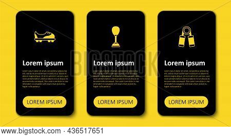 Set Sport Expander, Punching Bag And Football Shoes. Business Infographic Template. Vector