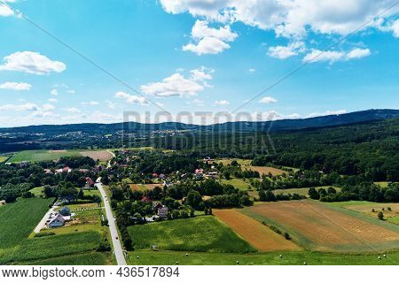 Mountain Village With Forests, Bird Eye View. Sleza Mountain Landscape Near Wroclaw In Poland. Natur