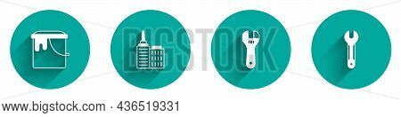 Set Paint Bucket, City Landscape, Adjustable Wrench And Wrench Spanner Icon With Long Shadow. Vector