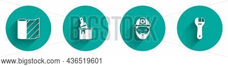 Set Wallpaper, Paint Bucket With Brush, Builder And Adjustable Wrench Icon With Long Shadow. Vector