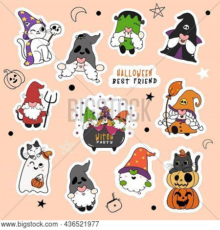Set Of 9 Cute Halloween Gnome And Cat In Fancy Costume Party Cartoon Sticker Collection.