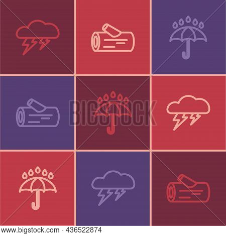 Set Line Cloud And Lightning, Umbrella Rain Drops And Wooden Log Icon. Vector