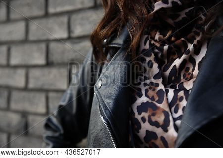 Woman Wearing Rock'n'roll Leather Jacket. Closeup Shot. Selective Foucus On The Details