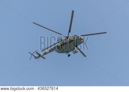 Kyiv, Ukraine - August 24, 2021: Helicopter Mi-8 Above The City During The Military Parade Dedicated