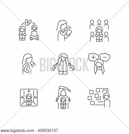 Phobias And Its Symptoms Linear Icons Set. Vomiting And Nausea. Hyperventilation And Consternation. 