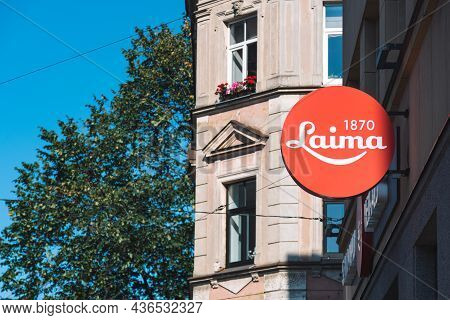 Riga, Latvia - September 19 2021: Laima Chocolate Museum In Riga, Latvia With Vintage Logo