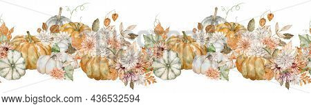 Watercolor Border With Fall Orange Pumpkins Decorated With Asters, Dahlias, Fall Leaves And Physalis