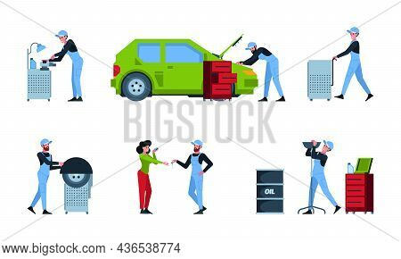 Autoservice Characters. Workers Repairing Cars Mechanic Changing Wheels Vehicle Service Garish Vecto