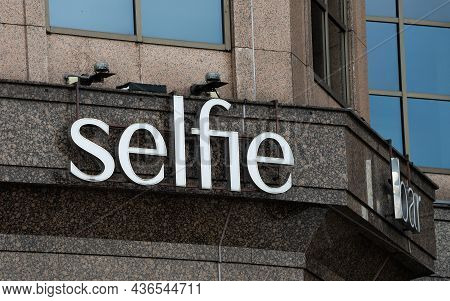 October 15, 2021. Moscow, Russia. Sign On The Building Of The Selfie Restaurant On Novinsky Boulevar