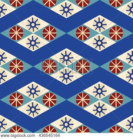 Abstract Stylized Sun And Star Diamond Shape Seamless Vector Pattern Background. Azulejo Style Backd