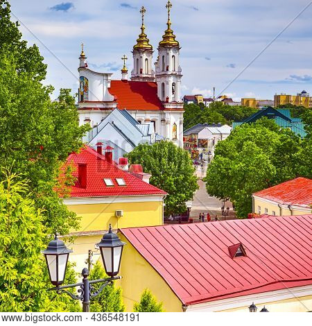 Travel Concepts. Cityscape Of City Of Vitebsk With Golden Domes Of The Resurrection Cathedral With L