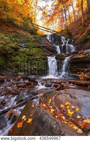 Shypot Waterfall Among The Rock In Evening Light. Beautiful Autumnal Nature Scenery In The Forest. W