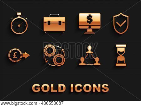 Set Gear And Arrows As Workflow Process Concept, Old Hourglass Flowing Sand, Project Team Base, Coin