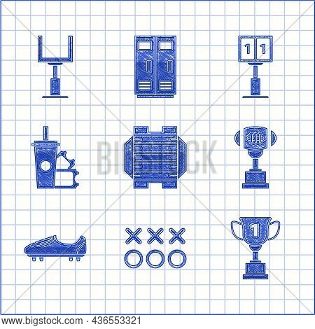 Set American Football Field, Award Cup, And, Soccer Or Shoes With Spikes, Football Ticket Paper Glas