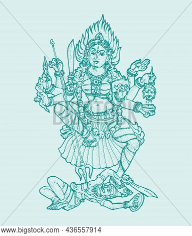 Sketch Powerful Hindu Goddess Durga Ma Or Kali Mata Outline And Silhouette Illustration With Trident