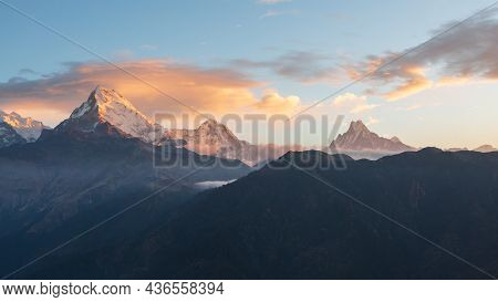 View Of Annapurna Mountain Range From Poon Hill On Sunrise. Its The Famous View Point In Gorepani Vi