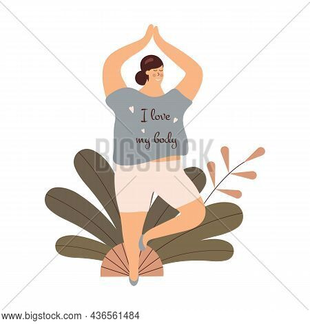 Body Positivity Cute Young Plump Girl With More Size-inclusive Body Do Yoga.plumpish Lady In Tree Po