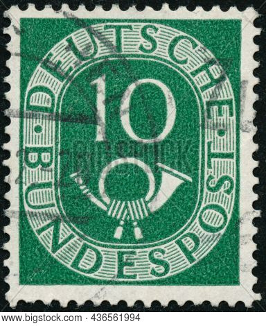 Vintage Stamp Printed In Germany Circa 1951 Shows Inscription And Hunting Horn