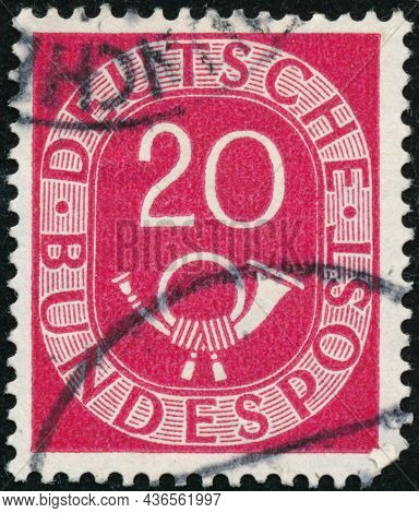 Vintage Stamp Printed In Germany Circa 1951 Shows Inscription And Hunting Horn