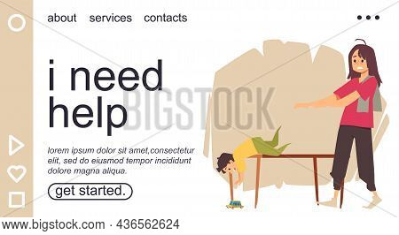 Banner With Mother In Need Of Help In Upbringing Child, Flat Vector Illustration.