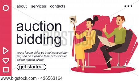 Auction Bidding Web Banner Or Presentation Page Flat Vector Illustration.
