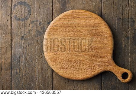 Wooden Round Cutting Board Mockup On Wood Background. Chopping Board. Rustic Tableware For Kitchen A