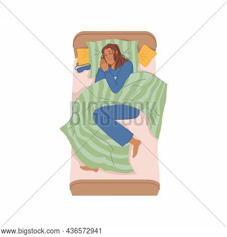 Young Woman Sleeping In Bed At Home, Relaxation At Night Or Day Rest. Vector Lady In Pajama Resting 