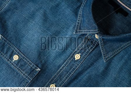 Closeup Of Chambray Jeans Shirt, Cloth And Textile Background Concept