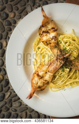 Seafood Spaghetti With Shrimps And Olive Oil From A Top View