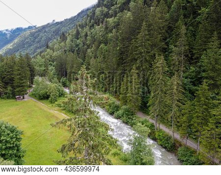View On Bon Nant Mountain River, Green Forests And Apline Meadows Near Saint-gervais-les-bains, Savo