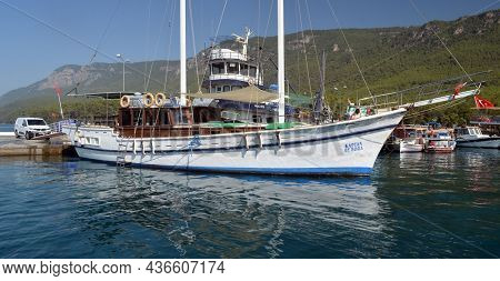 Boats and yachts at the in the marina of village Akyaka - slow city in Turkey.August 1,2021. Mugla,Turkey