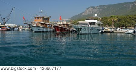 Boats and yachts at the in the marina of village Akyaka - slow city in Turkey.August 1,2021. Mugla,Turkey