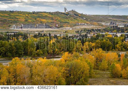The Bow River Valley And The Trinity Development During Autumn Colours In Calgary Alberta Canada.