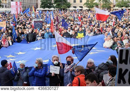 Cracow; Poland - Oct 10; 2021: We Stay; The Government Leaves! People Protest Against The Verdict Of