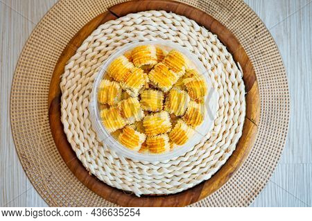 Traditional Pineapple Jam Tart Roll Cookies Or A Malay Called Tart Nanas In A Plastic Container.