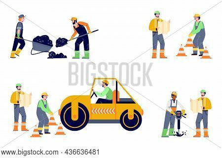 Set Of Road Construction Workers With Road Roller In Flat Vector Illustration