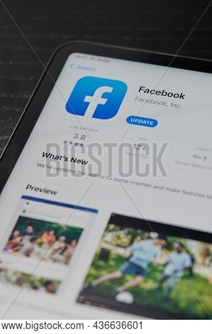 New York, Usa - October 13 2021: Install Facebook App On Smartphonescreen Close Up View