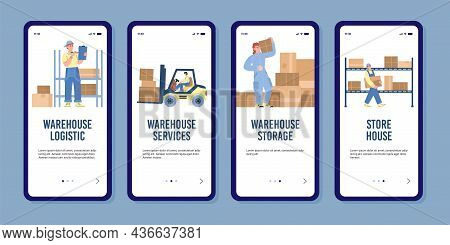 Set Of Onboarding Screens With Conseption Warehouse Work In Flat Vector Illustration