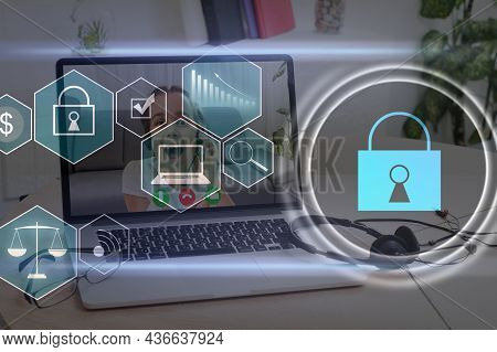 Digital Cybersecurity And Network Protection Concept. Virtual Locking Mechanism To Access Shared Res