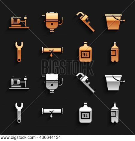 Set Broken Pipe With Leaking Water, Bucket, Bottle Of, Big Bottle Clean, Wrench Spanner, Pipe Adjust
