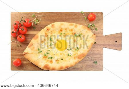 Fresh Delicious Adjarian Khachapuri With Microgreens And Tomatoes On White Background, Top View