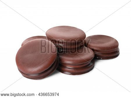 Delicious Choco Pies On White Background. Classic Snack Cakes