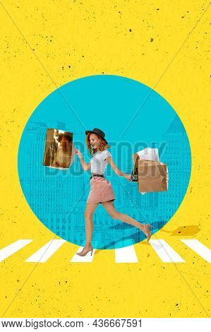 Contemporary Art Collage Of Beautiful Fashionable Woman With Shopping Bags Walking The Pedestrian Cr