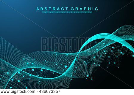 Digits Abstract Background With Connected Line And Dots, Wave Flow. Digital Neural Networks. Network